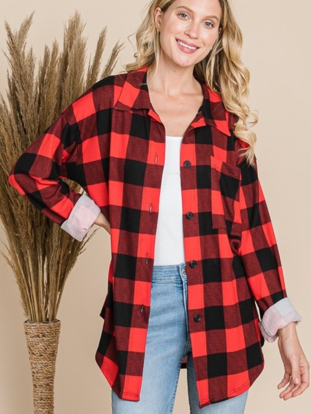 NWT Plaid Button Down Shirt Red Casual Long Sleeve Shirt Size Large